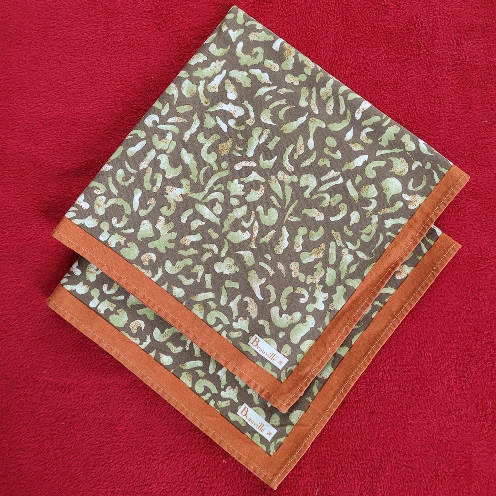 Beauville Green, Brown, Burnt Orange Napkins. Printed by Hand in France. Cotton